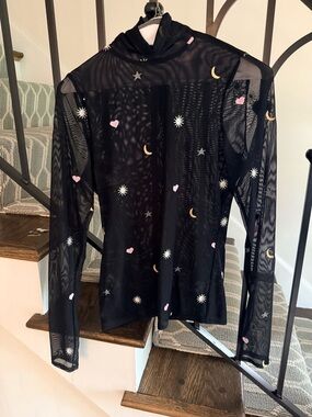 Cinq a Sept - Sheer Black Mesh Top with Moon & Heart Embroidery